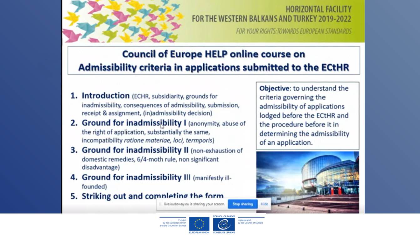 HELP course on Admissibility criteria in applications submitted to the European Court of Human Rights launched for Albanian lawyers