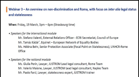 Third ELSA Italy-JUSTROM 3 Webinar: An overview on non-discrimination and Roma, with focus on inter alia  legal status and statelessness