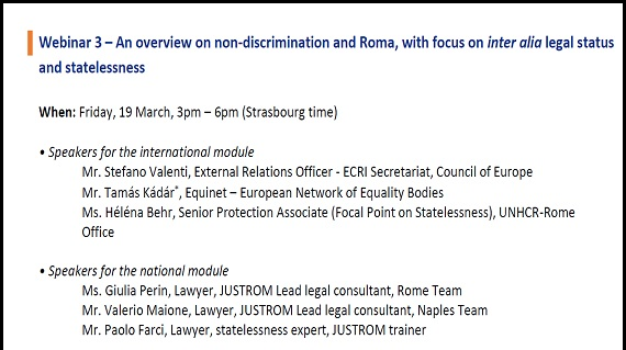 Third ELSA Italy-JUSTROM 3 Webinar: An overview on non-discrimination and Roma, with focus on inter alia  legal status and statelessness