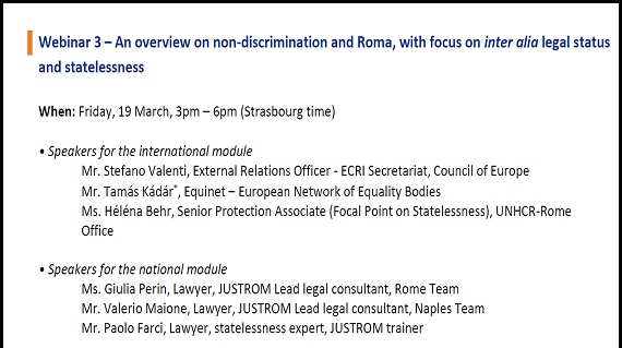 Third ELSA Italy-JUSTROM 3 Webinar: An overview on non-discrimination and  Roma, with focus on inter alia legal status and statelessness - Roma  Women's Access to Justice