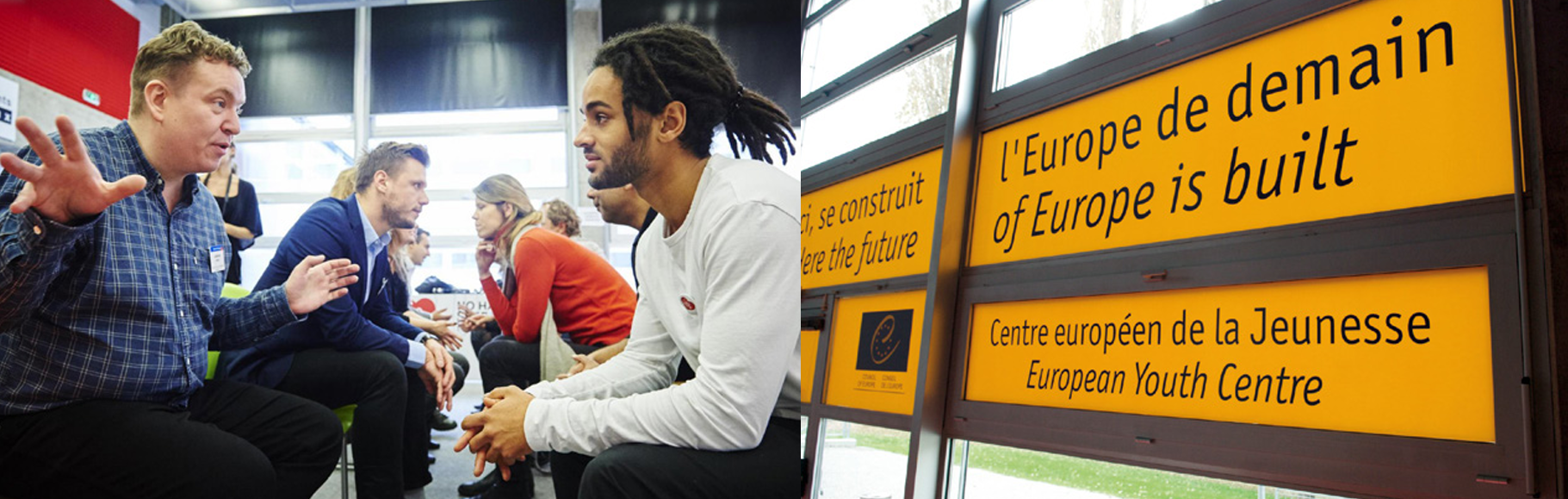 Young people talking in the European Youth Centre in Strasbourg.