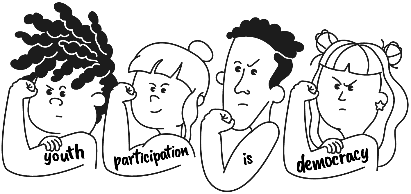 Illustration: young people saying 'youth participation is democracy'..