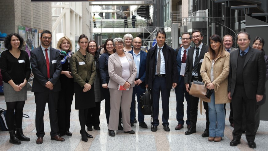 From left to right: Laura Ligazzolo (Routes4U Project Assistant), Danko Ćosić and Gordana Plamenac (Roman Emperors and Danube Wine Route | Cultural Route of the Council of Europe), Constanze Metzger (Routes4U Senior Project manager), Anne Matero (Finnish Ministry of Education and Culture | Governing Board of the EPA on Cultural Routes), Mihaela Florea (EU Strategy for the Danube Region), Inger Harlevi (The Hansa | Cultural Route of the Council of Europe), Ea Stevns Matzon (The Viking Routes | Cultural Route of the Council of Europe), Sirakov Lyubomir (EU Strategy for the Danube Region), Marco Onida (European Commission – DG REGIO), Stefano Dominioni (Council of Europe – EPA on Cultural Routes), Luca Bruschi (Via Francigena | Cultural Route of the Council of Europe), Emanuela Panke and Floriano Zambon (Iter Vitis | Cultural Route of the Council of Europe), Paul Simons (European Route of Historic Thermal Towns | Cultural Route of the Council of Europe) and Gisella Gori (Council of Europe – Liaison Office to the European Union).