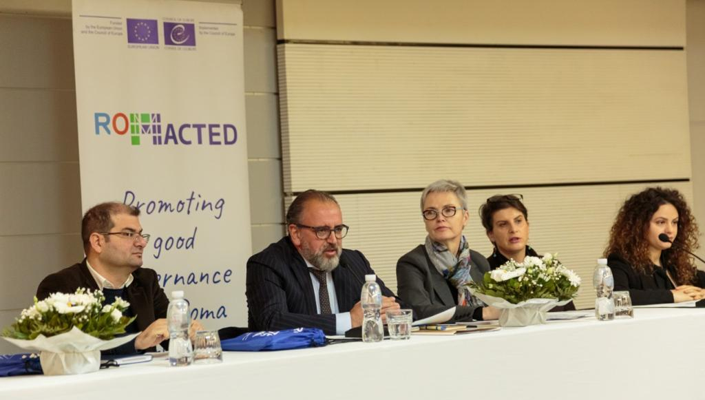 The opening panel of the event in Vlora: Mr Dritan Leli, Mayor of Municipality of Vlora, Ms Jutta Gützkow, Head of Council of Europe Office in Tirana, Mr Bledar Taho IRCA Director and ROMACTED Focal point for Albania and Ms Fabiola Deliaj, ROMACTED municipal contact point.