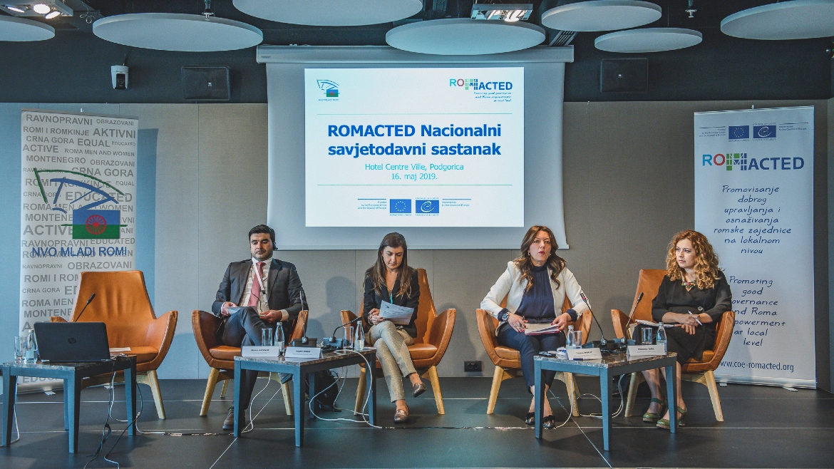 The opening panel of the meeting: Marcos Andrade (CoE), Angela Longo (CoE), Tatjana Anđelić (Ministry of Human and Minority Rights) and Mladenka Tešić (EUD).